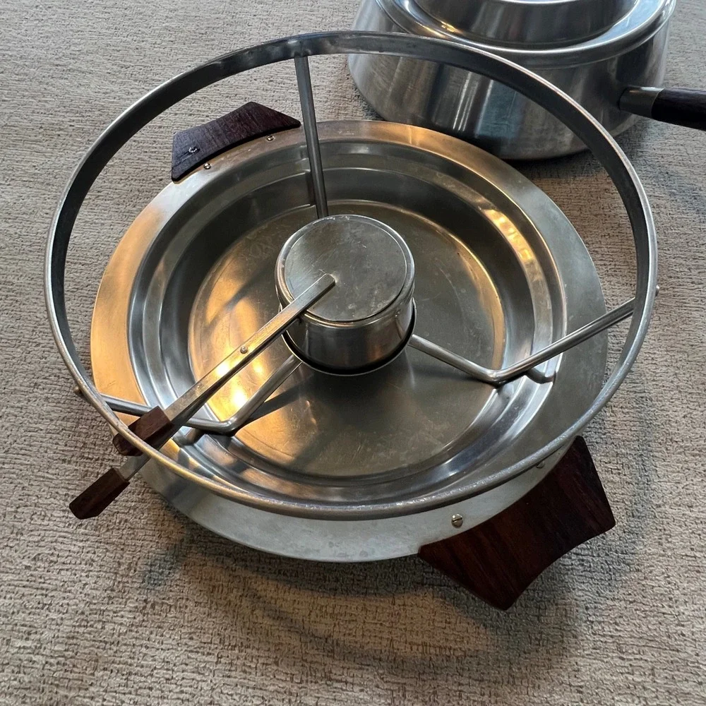 Vintage MCM Stainless Steel Fondue Set Wood Handles 18 Numbered‎ Forks Retro 70s